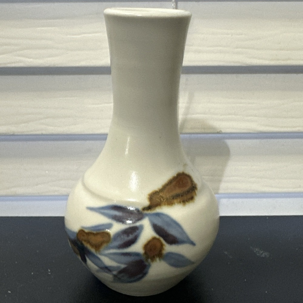 Vintage Glazed Art Studio Pottery Handmade Signed Bud Vase Blue Brown Floral